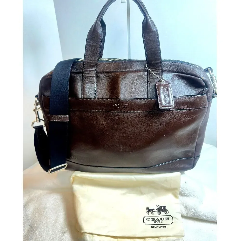 Coach Dark Brown Leather Laptop Bag Briefcase Crossbody Strap EUC
